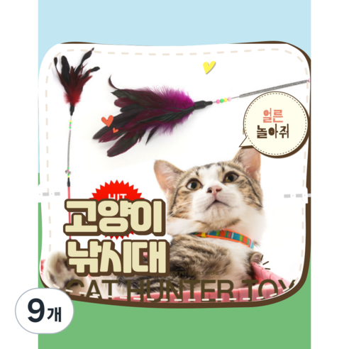 영스빌 고양이 낚시대 장난감 랜덤3종 고양이 롱 낚시대 편하게 놀아주기 고양이 낚시대 60cm, 9개