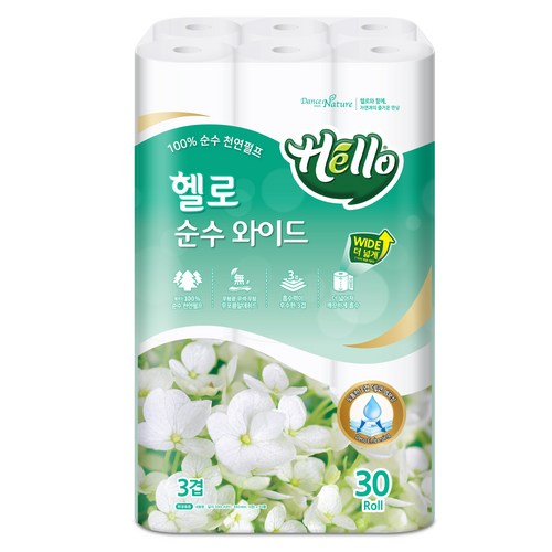 헬로 순수 와이드 천연펄프 3겹 화장지 30m, 1개, 30개입