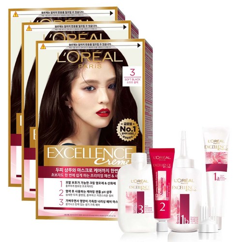 로레알파리 엑셀랑스 크림 염모제, 3호 소프트 블랙, 3개