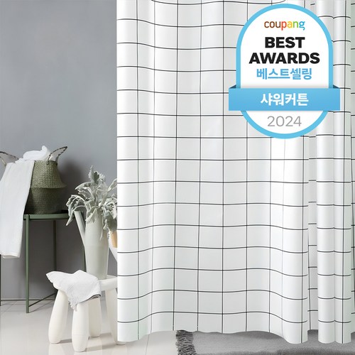 코리아원 체크 디자인 샤워커튼, 180 x 180 cm, 화이트, 1개
