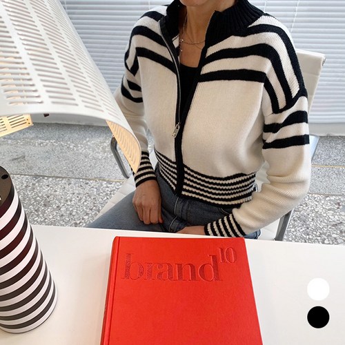 스트라이프 숏 집업 니트