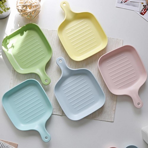 손잡이 접시 사각 멜라민 어린이 식기 홈파티 다회용 그릇, 1개, 04 하늘빛그레이