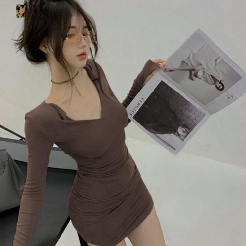 레터네 긴팔 슬림 미니 원피스 데이트 데일리 룩