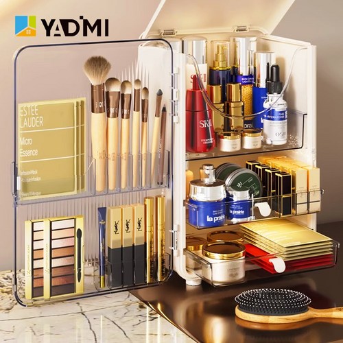 YADIMI 패션 라이트 럭셔리 대용량 화장품 수납 정리함 3층 뷰티 스킨케어 다기능 정리박스, 백색/투명