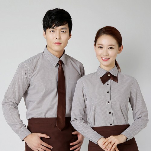 갈색 체크 긴팔셔츠 / 남녀공용 서빙 유니폼 식당 레스토랑 카페 호텔 호텔리어