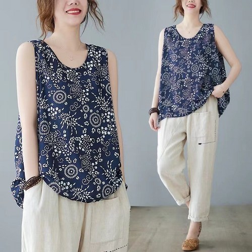 여름 여성 나시티 루즈핏 빅사이즈 배색 플라워패턴 슬리브리스 민소매 티셔츠 상의 S~4XL A88