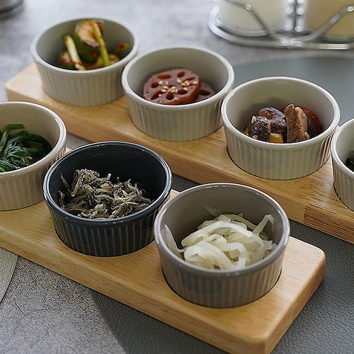 우드받침 양념 반찬 종지 한국 도자기 소스볼 4P 5P세트, 라인 모카, 4P(소스볼3P+받침1P)세트, 1개, 라인 모카