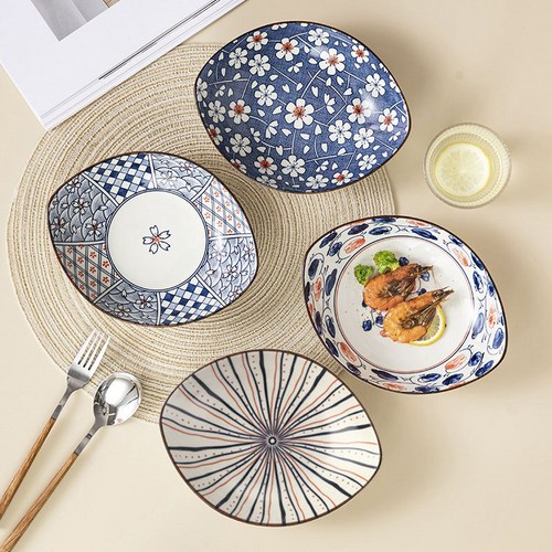 Jin Zhong Tai 올리브 빈티지 보트 일본식 반찬 접시, 체리 블라썸, 리본, 래티스 체리, 플라워 바인, 1개, 접시 4개입