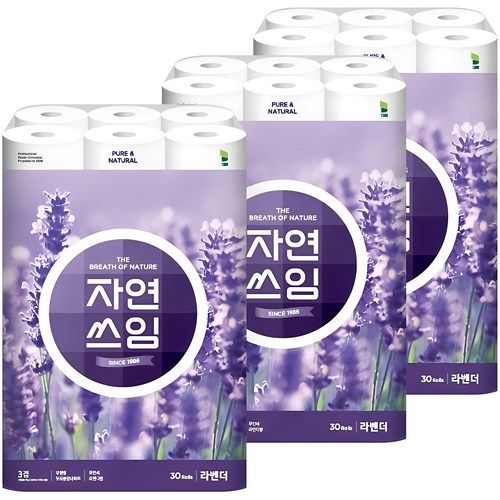 더 도톰한 자연쓰임 무형광 라벤더 화장지, 30개입, 3개