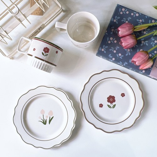 허니상점 빈티지 플라워 꽃무늬 접시 예쁜 디저트 브런치 감성 플레이트 /2style, 핑크 튤립, 1개