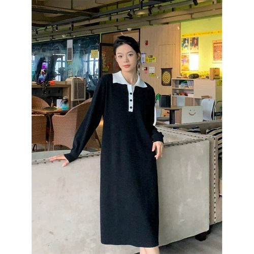 [탄탄/강추] 카라 배색 니트 롱 원피스