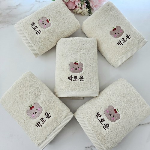 쁘띠맘 어린이집수건 모던타올5장 180g 네임자수 기숙사수건 유치원준비물 생존수영 영신타올, 모던타올-베이지, 베어, 1세트