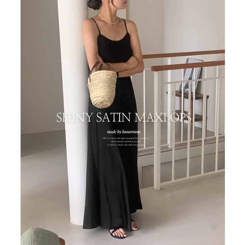 [MADE] 샤이니 새틴 실크 ****** 스트랩 민소매 나시 뷔스티에 a라인 플레어 맥시 롱 원피스
