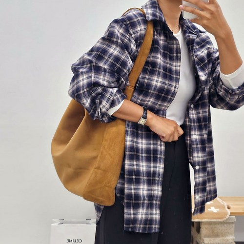 자체제작 여성 체크 셔츠 오버핏 롱남방 국내제작