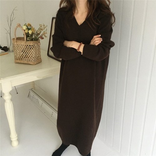 가을 겨울 데일리 여성 루즈핏 브이넥 롱 니트 원피스 롱원피스 니트원피스 봄원피스