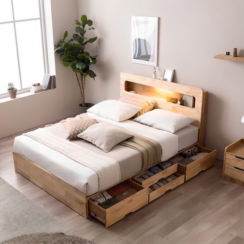 [삼익가구]러버 LED 4단 수납 원목 침대(YS 파워 본넬스프링 매트리스-퀸), 퀸, 내추럴
