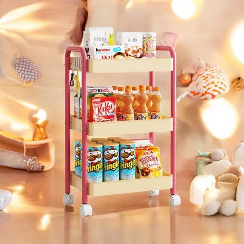 알로롱리빙 이동식 투톤 파스텔 3단 트롤리, 크림 옐로우 + 핫핑크