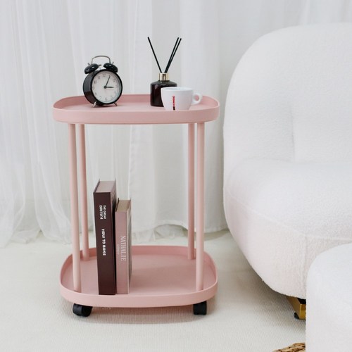 로엠가구 리티 이동 선반 바퀴달린 보조 수납 2단 미니 침대 협탁, 핑크