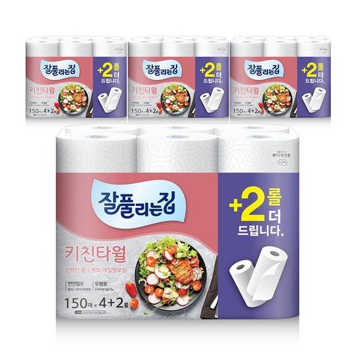 [트윈스몰] 잘풀리는집 무형광 키친타월 핑크 150매 (4+2롤) 100% 천연펄프, 6개입, 4개