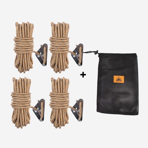 KOOLMAN(쿨맨) 다용도 캠핑 반사 스트링 5mm 5M (스토퍼포함) 4개 + 파우치포함, 반사 스트링(5mmx5M) - 브라운 4개+파우치 C