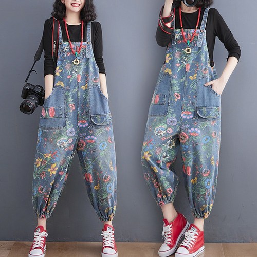 도니와 여성 프라워나염 청멜빵바지 데님서스팬더 꽃무늬멜빵 빈티지 밴딩청바지 드엘리ZA150