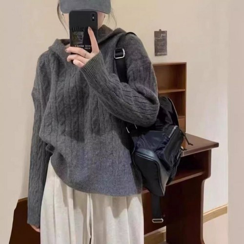 가벼운 후드 니트 스웨터 여성 가을 겨울 캐주얼 루즈 핏