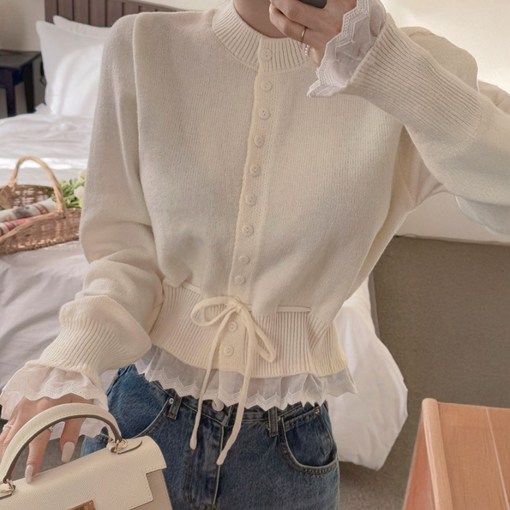 떳다그녀 럼블 레이스 레이어드 이중 배색 펀칭 봄 카디건 데이트룩 러블리 리본 니트가디건