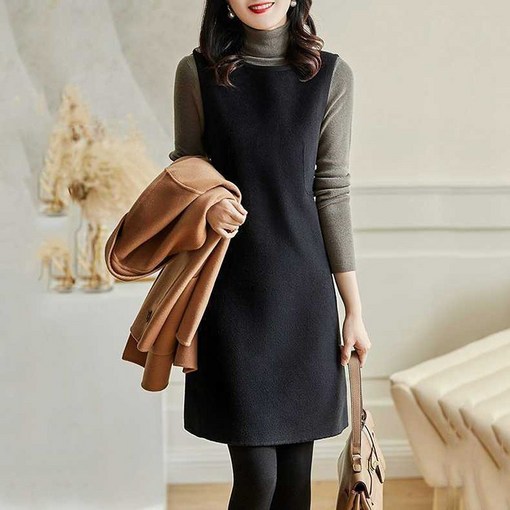 ORZQU 가을겨울 여성 캐주얼 모직 민소매 A라인 조끼 원피스