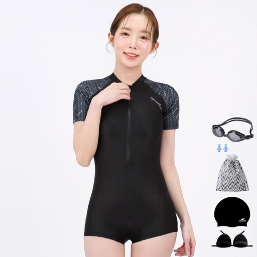 아쿠아티카 여성용 반팔 원피스 2부 수영복 + 일반용 수경 6종 세트