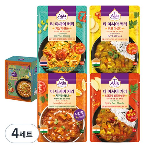 티아시아키친 치킨 마크니 커리 170g + 게살 푸팟퐁 커리 170g + 비프 마살라 커리 170g + 스파이시 비프 마살라 커리 170g 세트