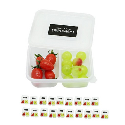 도나앤데코 pp내열 아담한 사각 일회용 용기 두칸 20p + 블랙 스티커 맛있게드세요 20p