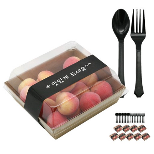 도나앤데코 샌드위치 용기 정사각 크라프트 10p + 띠지스티커 블랙 맛있게 드세요 10p + 블랙스푼 10p + 포크 10p