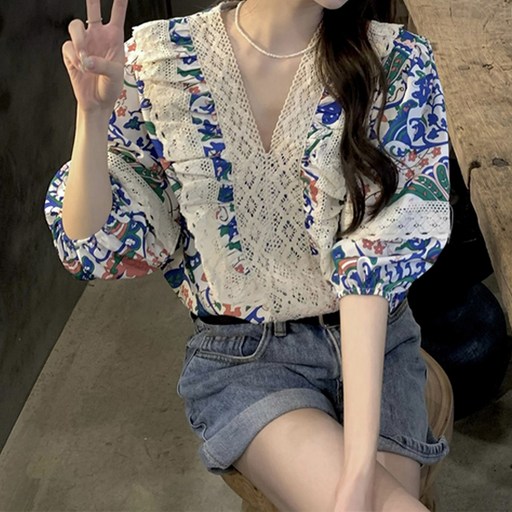 페이퍼먼츠 여성용 레이스 라인 인디풍 여름 색감 블라우스 04240