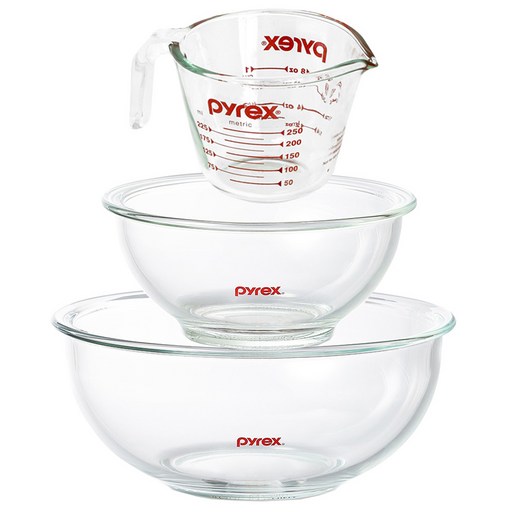 파이렉스 오븐용 내열유리제 오리지날 계량컵 250ml + 믹싱볼 880ml + 믹싱볼 2400ml