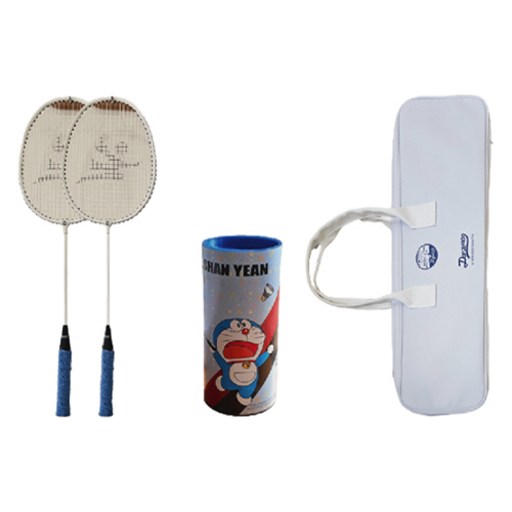 강산연콕 도라에몽 배드민턴 라켓 2p + 고급 가방 + 셔틀콕 팩 세트