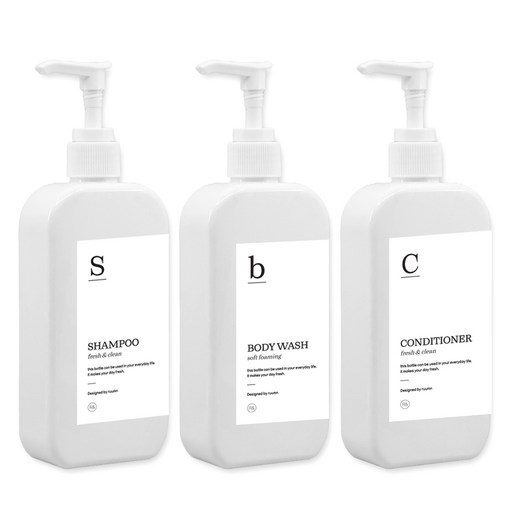 뉴앤룩 욕실 디스펜서 주방세제 리필용기 일반화이트펌프 300ml x 3p + G샴푸 바디워시 컨디셔너 라벨 3종 세트