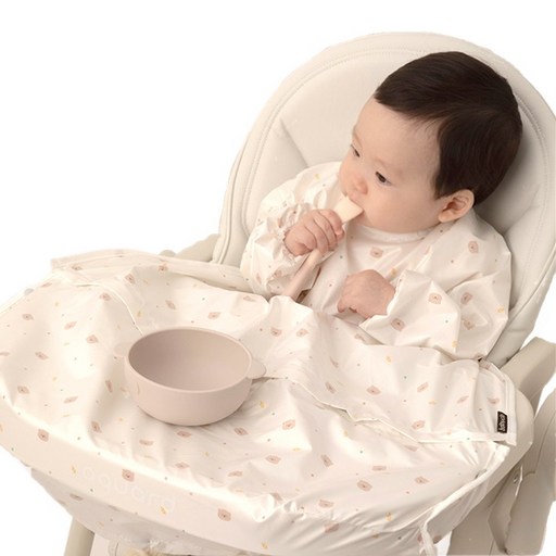babyclo 嬰幼兒副食品防水長袖拉鍊圍兜, 小熊象牙白, 1件, 1件