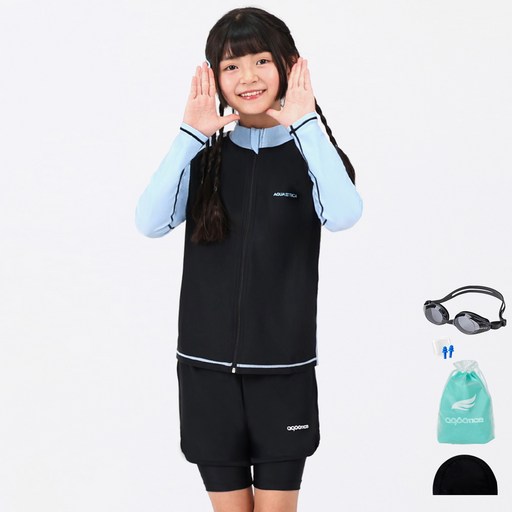 아쿠아티카 아동용 래쉬가드 집업 AQAJJ451 + 반바지 3부 워터레깅스 AQA420 + 일반용 수경 5종 세트