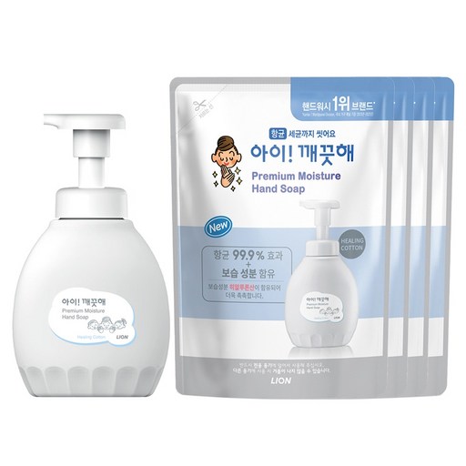 아이깨끗해 프리미엄 모이스처 핸드워시 힐링코튼 용기 450ml + 리필 400ml 4p