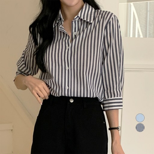 아피나르 여성용 베이직 7부 스트라이프 코튼 셔츠