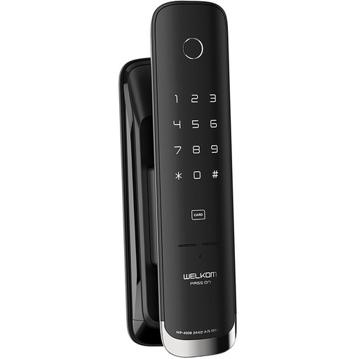 솔리티 웰콤 패스온 무타공 푸시풀 디지털손잡이 있음 도어락 지문인식 WP-450B + 카드키 2p