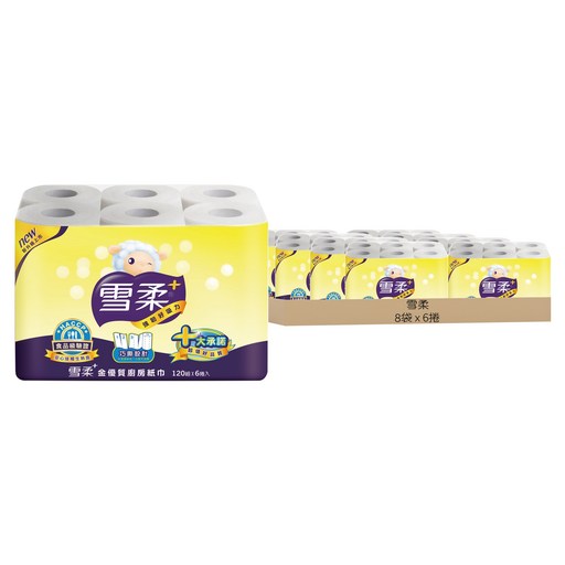 雪柔 金優質廚房紙巾 120張, 6捲, 8袋