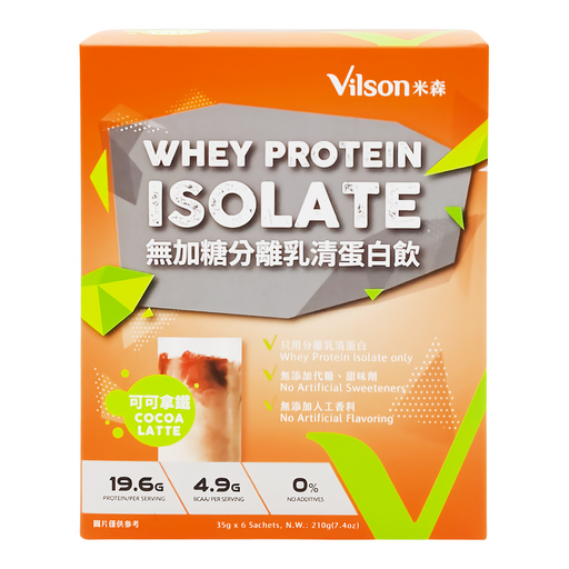 Vilson 米森 無加糖 分離乳清蛋白飲 可可拿鐵 6包, 210g, 1盒