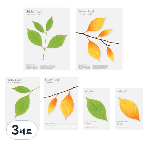 어프리 스티키리프 버치 베이직 점착메모지 그린 3종 + 브라운 3종 세트 C