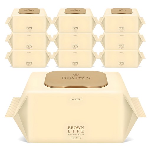 브라운라이프 베이지 엠보싱 대용량 물티슈 캡형, 50g, 100개입, 10개