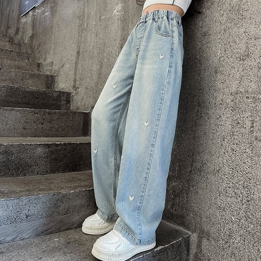 Uvely 女童 Yeonuju 愛心刺繡鬆緊寬版牛仔褲