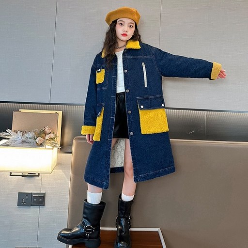 오렌지다몸 여아용 노란 뽀글 안감 기모 롱 청 점퍼
