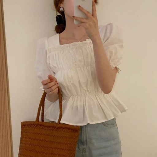 아이엠몽 여성용 벨로브 스모크 밴딩 퍼프 블라우스
