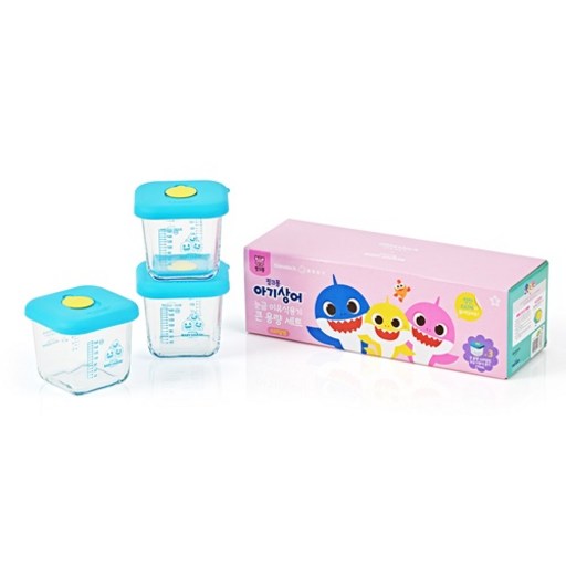 글라스락베이비 핑크퐁아기상어 아동용 큰 용량 스마일캡 눈금 이유식 용기 270ml 3p + 아기상어 칭찬스티커 세트