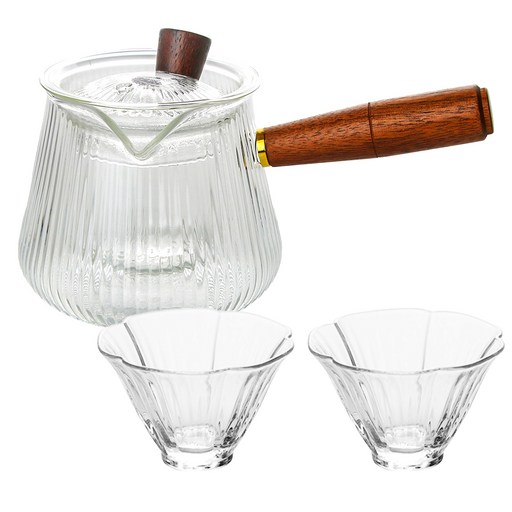 티이야기 내열유리 우드핸들 티포트 380ml + 장미 찻잔 35ml x 2p 세트